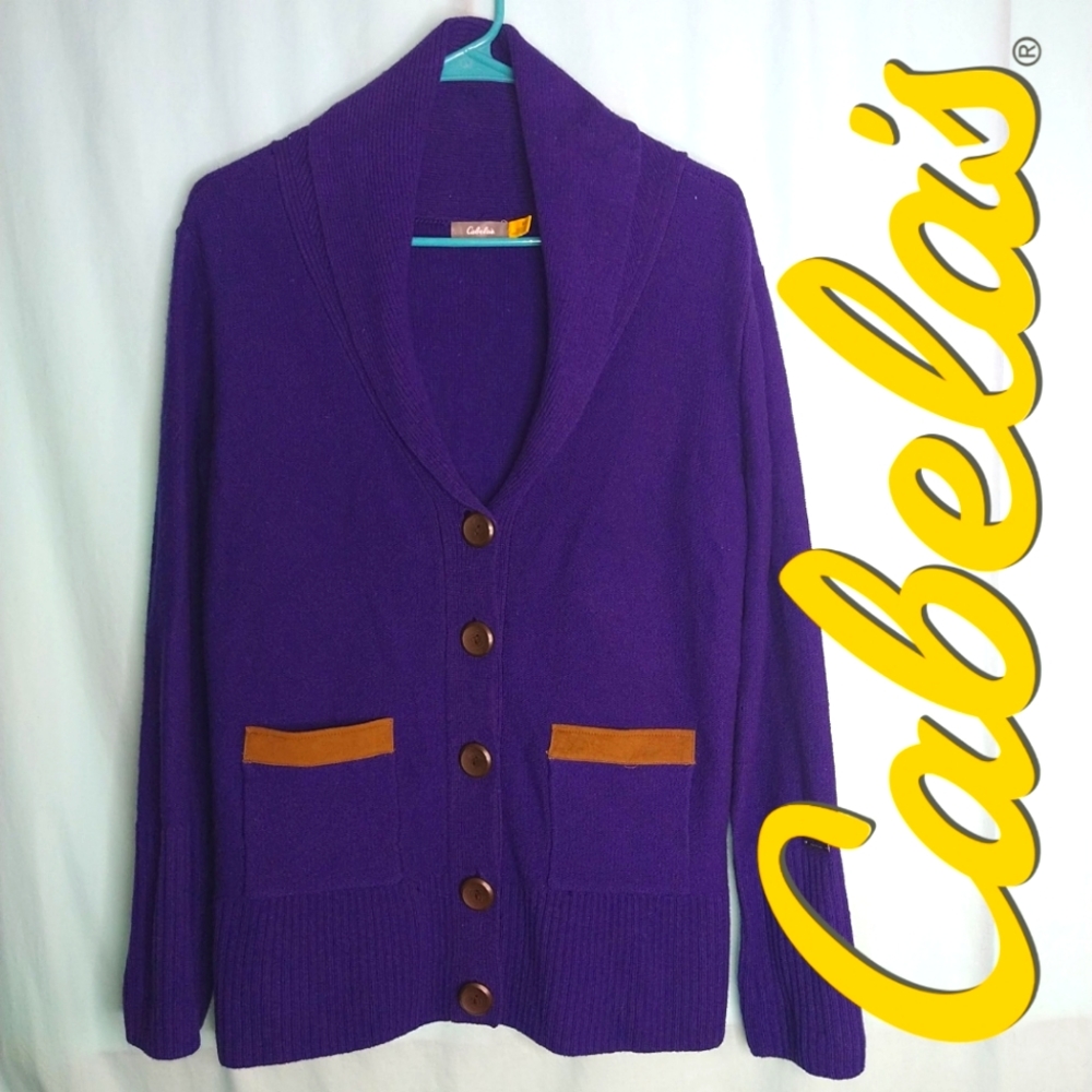 Cabela's purple wool cardigan elbow patches pockets Vintage